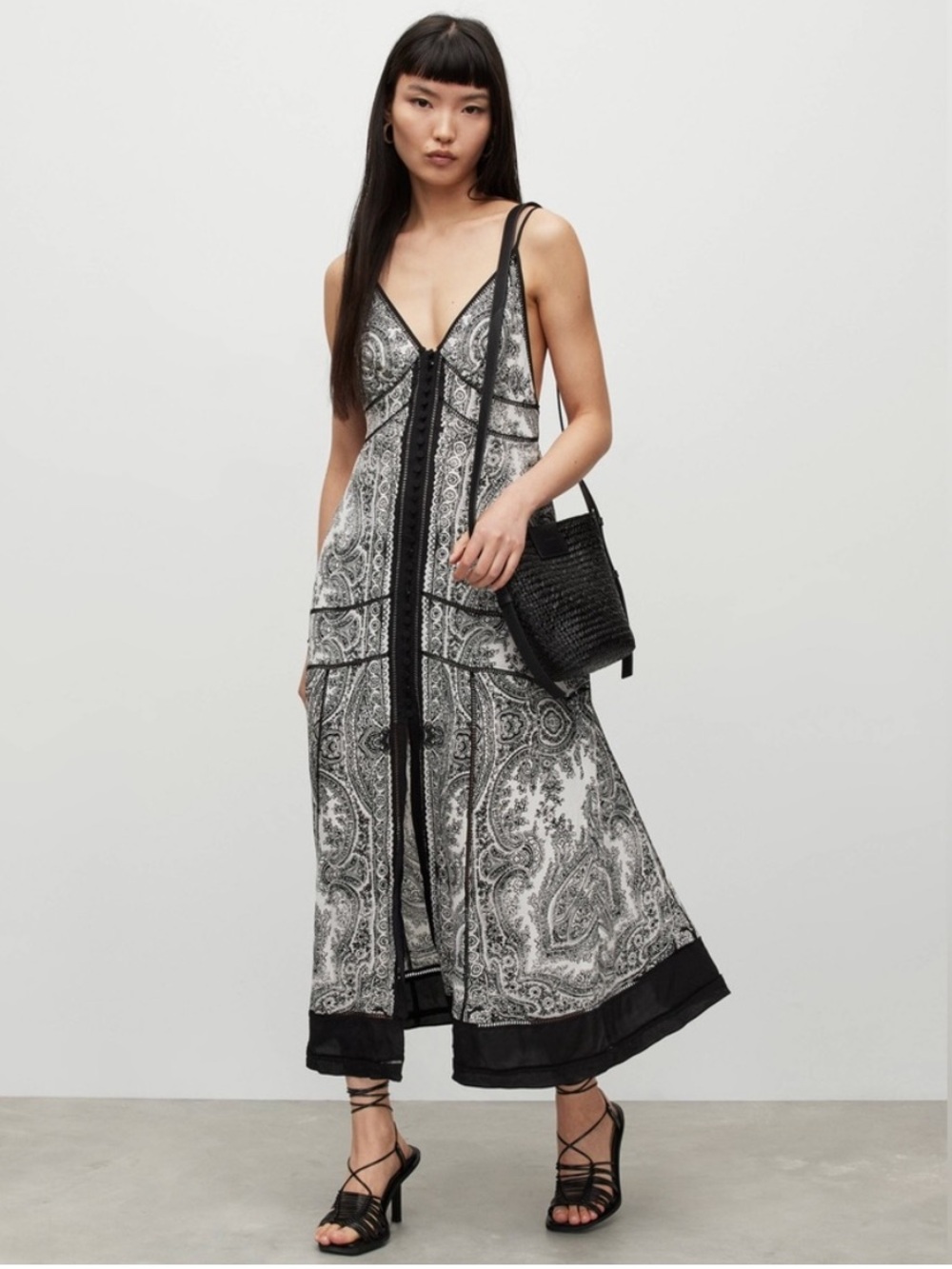 AllSaints Dahlia Rafaela Maxi Dress, Black & White Paisley, US 6 / UK 10